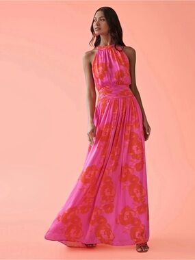 Halter Maxi Dress in Hot Pink with Red Floral Print